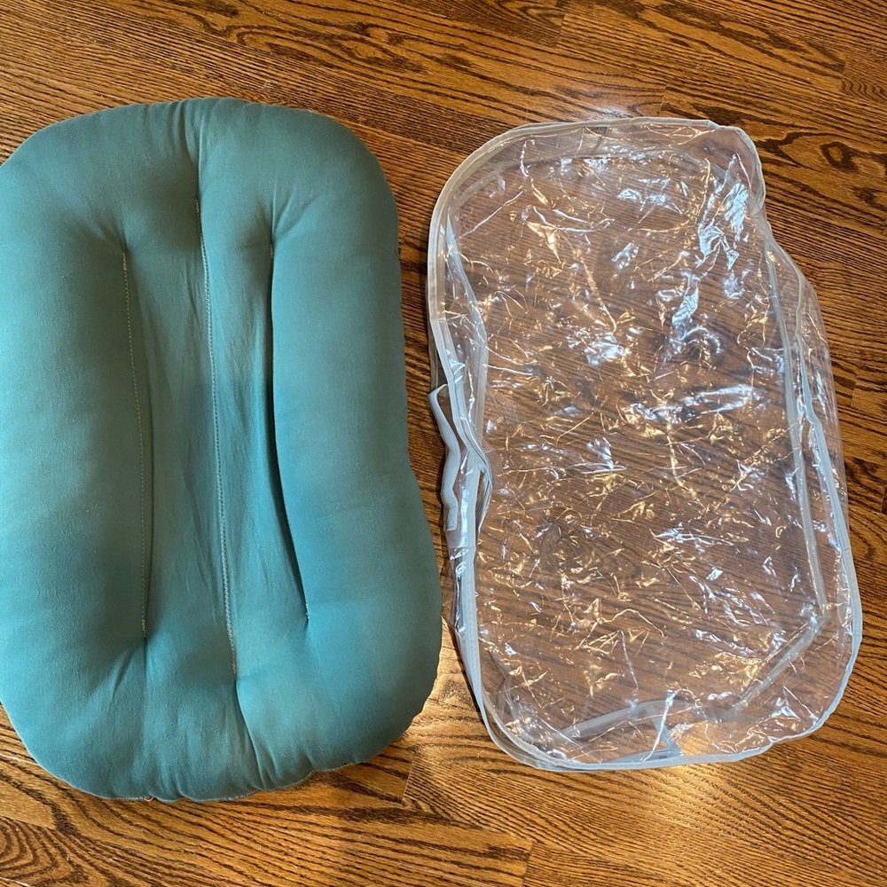 SnuggleMe Organic Baby Lounger, with sheet and plastic protector. Deep Green